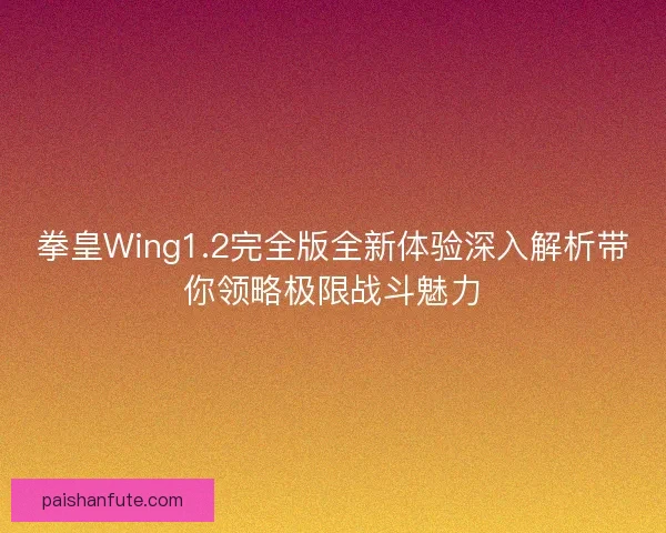 拳皇Wing1.2完全版全新体验深入解析带你领略极限战斗魅力